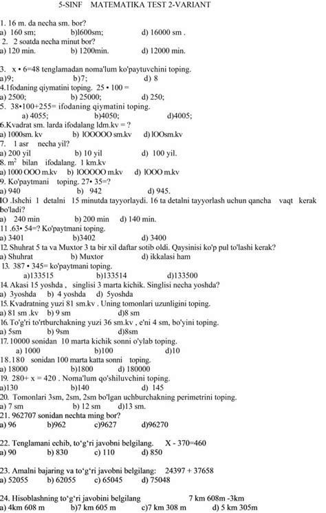 5-sinf matematika test online|5th Grade Math Test.
